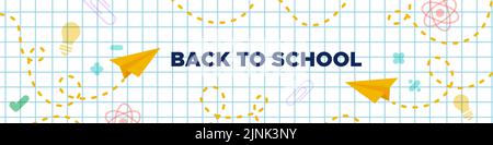 Retour à l'école. Bannière horizontale. Papier carré avec plans en papier et symboles scientifiques. Concept d'éducation. Illustration vectorielle, des Illustration de Vecteur