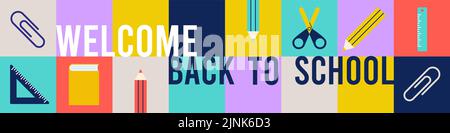 Bienvenue à l'école de retour. Bannière horizontale géométrique colorée. Fournitures scolaires papeterie icônes. Concept d'éducation. Illustration vectorielle, Illustration de Vecteur