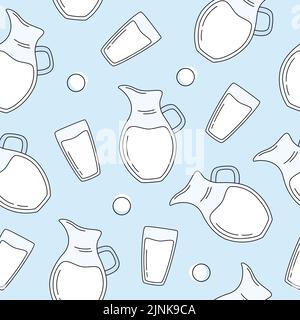 Motif lait sans coutures, grandes cruches de lait et verres de lait à l'allure plate. Produits agricoles. Illustration vectorielle. Illustration de Vecteur