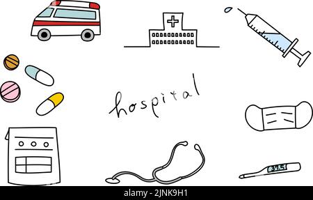 Kit d'illustrations pour l'hôpital, ambulance, médecine, injection, masque, thermomètre, stéthoscope Illustration de Vecteur