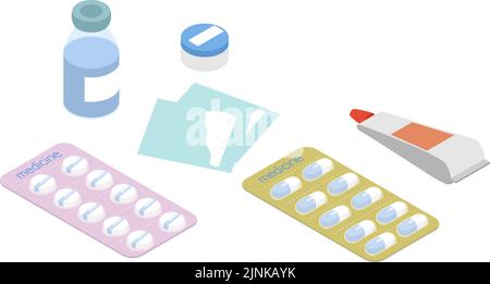 Illustration ensemble de médicaments tels que comprimés, capsules et onguents isométriques Illustration de Vecteur