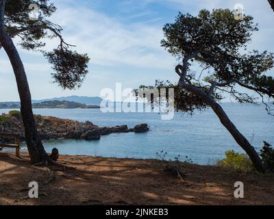 Bandol, France - 16 mai 2022: Petites baies rocheuses sous les forêts de pins en face de la mer bleu profond. Banque D'Images