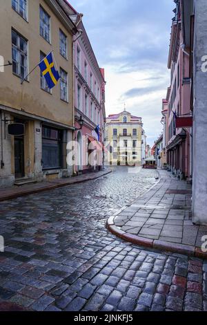 Rue pavée médiévale après la pluie avec des reflets dans la rue. Estonie Tallinn. Banque D'Images
