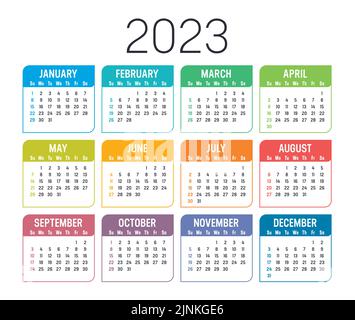 Calendrier coloré de l'année 2023, isolé sur fond blanc. Modèle vectoriel. Illustration de Vecteur