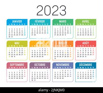 Calendrier coloré de l'année 2023, en français, isolé sur fond blanc. Modèle vectoriel. Illustration de Vecteur
