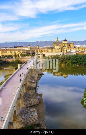 Vue panoramique de la ville de Cordoue avec le fleuve Guadalquivir et le pont romain. Banque D'Images