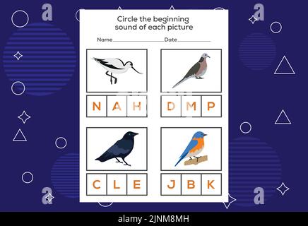 Entourez le son de début de chaque oiseau. Jeu éducatif pour les enfants Illustration de Vecteur