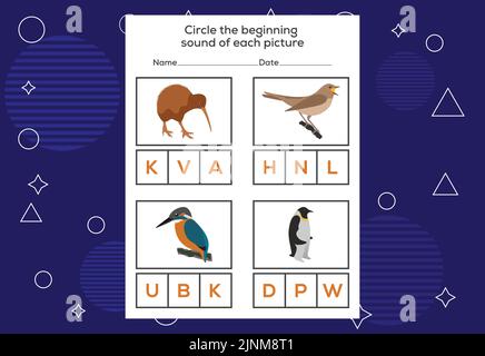 Entourez le son de début de chaque oiseau. Jeu éducatif pour les enfants Illustration de Vecteur