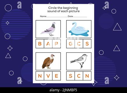 Entourez le son de début de chaque oiseau. Jeu éducatif pour les enfants Illustration de Vecteur
