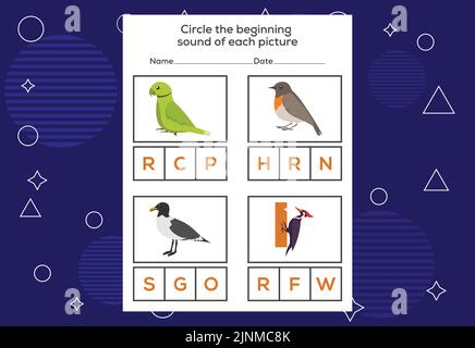 Entourez le son de début de chaque oiseau. Jeu éducatif pour les enfants Illustration de Vecteur