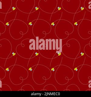 Une abeille volante aimante sur un fond sans couture rouge. Illustration de Vecteur