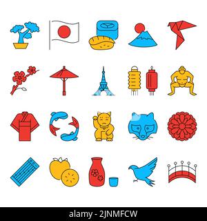 Icône Japon définie en style de ligne colorée. Symboles nationaux japonais. Illustration vectorielle. Illustration de Vecteur