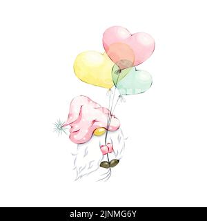 Aquarelle Cute Sweet Pink Gnome Valentine volant avec des ballons de coeur, dessin animé Doodle illustration, Gnome dans l'amour sur l'air. Banque D'Images