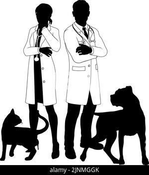 Homme et femme vétérinaires chien et chat animaux Silhouette Illustration de Vecteur