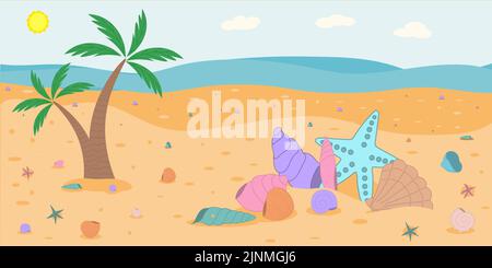 Arrière-plan avec des coquillages jetés sur le sable de la mer. Illustration de Vecteur