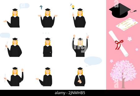Posez l'ensemble d'une personne portant une robe et un mortarboard lors de la cérémonie de remise des diplômes Illustration de Vecteur