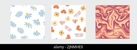 Ensemble de 1970s motifs sans couture rétro. Fleurs, tourbillons, champignons, symbole de la paix, camomille, souriez. Design élégant dans le style des années 70. Illustration de Vecteur