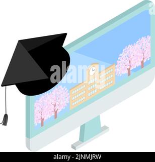 Image de la cérémonie de remise des diplômes en ligne, paysage scolaire sur moniteur, isométrique Illustration de Vecteur