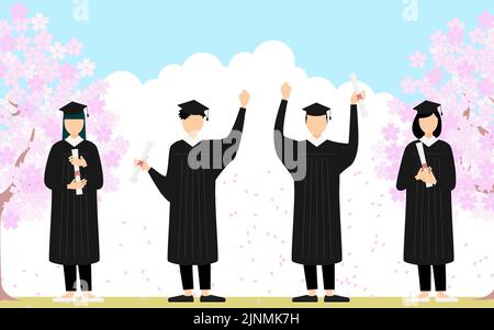 Les étudiants des robes célèbrent les cerisiers en fleur et la cérémonie de remise des diplômes Illustration de Vecteur