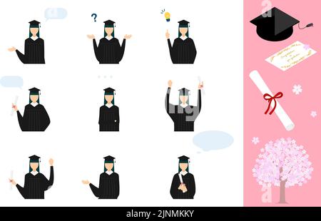 Posez l'ensemble d'une personne portant une robe et un mortarboard lors de la cérémonie de remise des diplômes Illustration de Vecteur