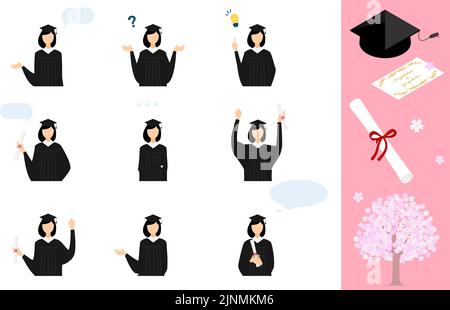 Posez l'ensemble d'une personne portant une robe et un mortarboard lors de la cérémonie de remise des diplômes Illustration de Vecteur