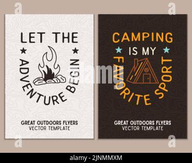 Modèles de circulaire de Camping. Affiches d'aventure de voyage avec art de ligne et emblèmes plats et citations - Laissez l'aventure commencer. Cartes été A4 pour l'extérieur Illustration de Vecteur