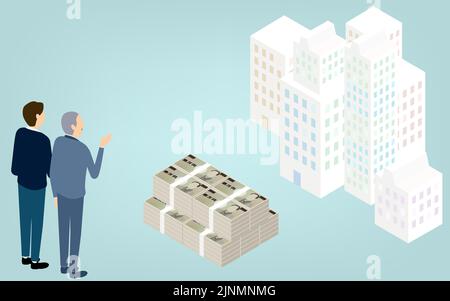 Illustration de l'investissement immobilier, isométrique - Traduction: Monnaie japonaise, signifiant 10 000 yens Illustration de Vecteur
