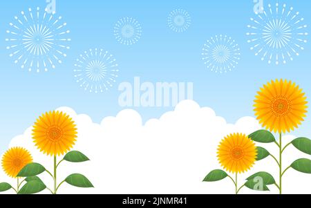 Tournesols, nuages d'entrée et feux d'artifice contre le ciel bleu Illustration de Vecteur