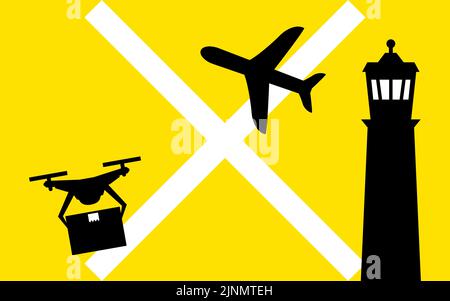 Icônes simples montrant les règlements de drone, voler dans l'espace aérien autour des aéroports, etc Illustration de Vecteur