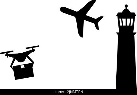 Icônes simples montrant les règlements de drone, voler dans l'espace aérien autour des aéroports, etc Illustration de Vecteur