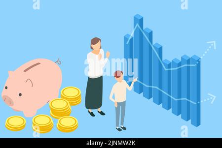 Image éducative de l'argent, banque de porc de la mère, de l'enfant et du porc, pièce et graphique, isométrique Illustration de Vecteur