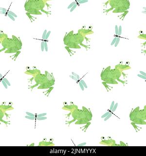 Motif grenouille vert sans couture. Illustration d'aquarelle vectorielle avec grenouilles et libellules. Illustration de Vecteur