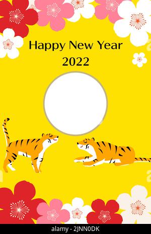 Carte du nouvel an avec cadre photo deux tigres, année du tigre 2022 - Traduction : bonne année Illustration de Vecteur