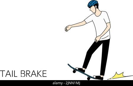 Posture de skate de base, homme s'arrêtant avec le frein de queue. Illustration de Vecteur