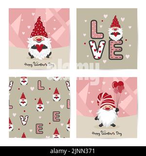 Ensemble de cartes de Saint-Valentin avec gnome mignon et coeurs rouges. Illustration d'amour vectoriel. Illustration de Vecteur