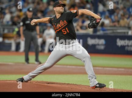 Saint-Pétersbourg, États-Unis. 12th août 2022. Les Orioles de Baltimore débutant Austin Voth s'oppose aux rayons de la baie de Tampa lors du premier repas au Tropicana Field à Saint-Pétersbourg, Floride, le vendredi 12 août 2022. Photo de Steve Nesius/UPI crédit: UPI/Alamy Live News Banque D'Images