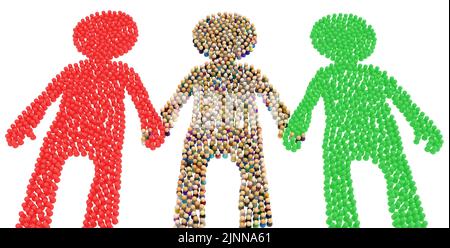 Foule de petites figures symboliques formant une grande personne forme main verte rouge, illustration 3D, horizontale, isolée, sur blanc Banque D'Images