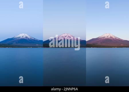 Image composite de la lumière du soleil frappant le Mont Fuji au lever du soleil depuis le lac Yamanaka, préfecture de Yamanashi, Japon Banque D'Images