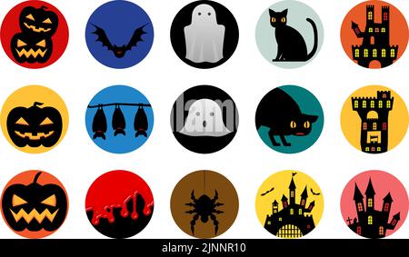 Icônes d'Halloween, citrouilles, chauves-souris, fantômes, chats noirs, vieux châteaux Illustration de Vecteur