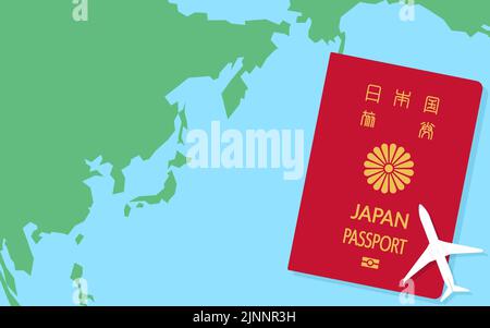 Carte du monde autour du Japon, passeport japonais et avion modèle, passeport général Rouge - Traduction: Passeport japonais Illustration de Vecteur
