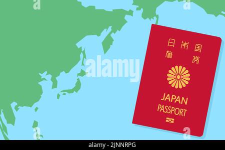 Carte du monde autour du Japon et passeports japonais, documents de voyage généraux, Rouge - Traduction: Passeport japonais Illustration de Vecteur