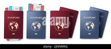 Ensemble vectoriel de passeport de voyage. Retrait d'un billet d'avion et d'un passeport pour les éléments de voyage des vacances. Illustration vectorielle. Illustration de Vecteur