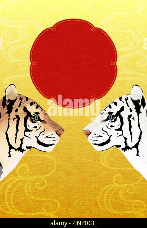 2022 année du Tigre carte du nouvel an japonais, deux tigres face à face et un tigre blanc Illustration de Vecteur