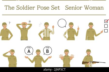 Pose de soldat féminin senior, questionnement, inquiétude, encouragement, pointage, etc Illustration de Vecteur