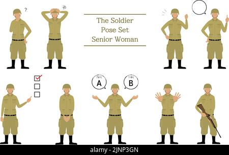 Pose de soldat féminin senior, questionnement, inquiétude, encouragement, pointage, etc Illustration de Vecteur