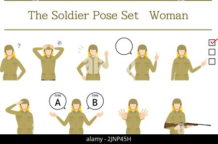 Jeu de pose de soldat féminin, questionnement, inquiétant, encourageant, pointant, etc Illustration de Vecteur