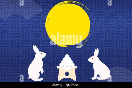 Arrière-plan de style japonais avec observation de la lune, tsukimi dango et lapins, lune et trois crumbles. Illustration de Vecteur