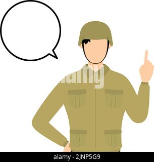 Un soldat pose, parle en pointant Illustration de Vecteur