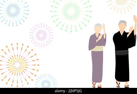 Des hommes et des femmes âgés dans le yukata dansant avec bon Odori et feux d'artifice. Illustration de Vecteur