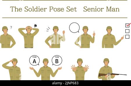 Pose de soldat senior, questionnement, inquiétude, encouragement, pointage, etc Illustration de Vecteur